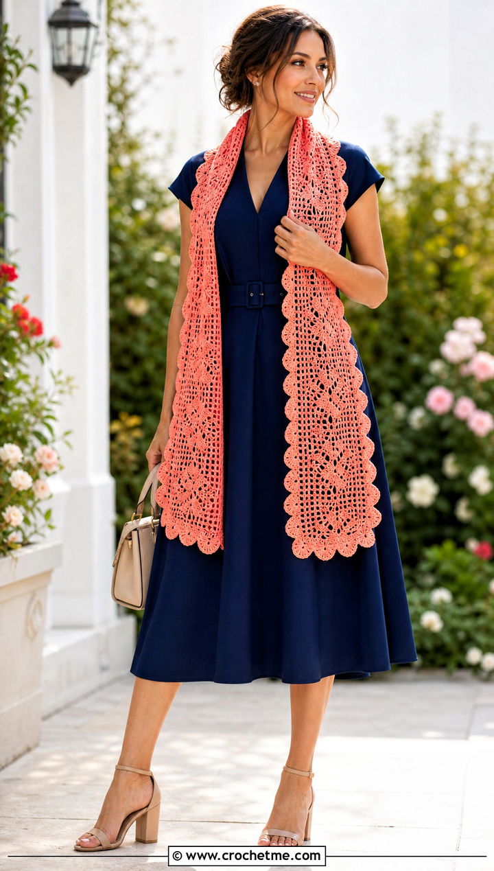 Scalloped Filet Crochet Scarf With A Midi Dress - 35 filet crochet scarf outfit ideas