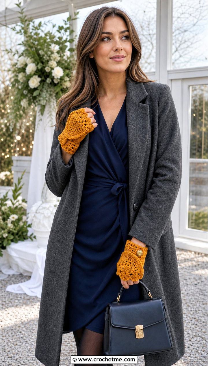 Scalloped Flap Crochet Fingerless Gloves With Flap And Wrap Dress - 30 crochet fingerless gloves with flap outfit ideas