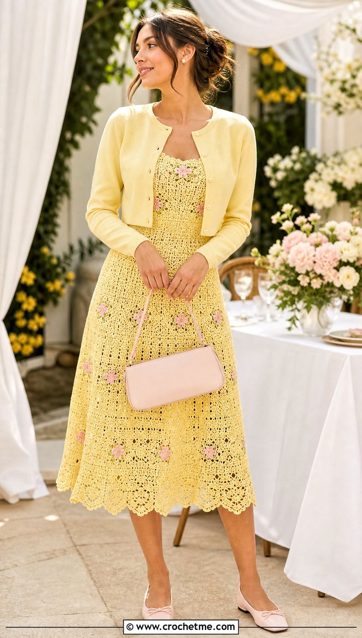 Scalloped Floral Crochet Dress With Ballet Flats - 15 vintage floral crochet dress outfit ideas