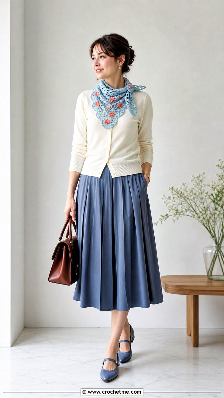 Scalloped Floral Crochet Scarf With Cardigan And Midi Skirt - 35 crochet flower scarf outfit ideas