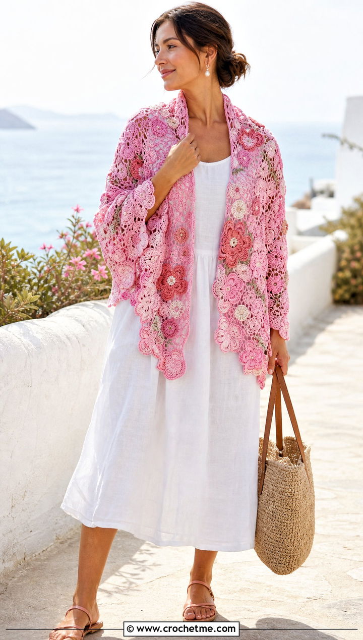 Scalloped Floral Irish Crochet Shawl With Linen Dress - 20 Irish Crochet Shawl outfit ideas