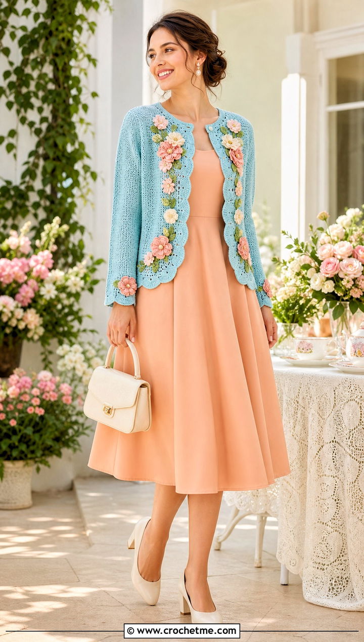 Scalloped Flower Cardigan With Tea Dress - 30 crochet flower cardigan outfit ideas
