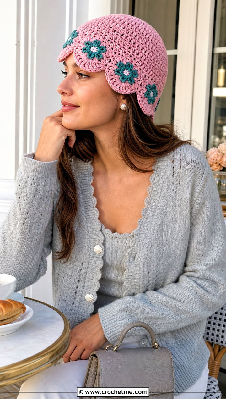 Scalloped Flower Crochet Beanie With Cardigan Set - 30 crochet flower beanie outfit ideas
