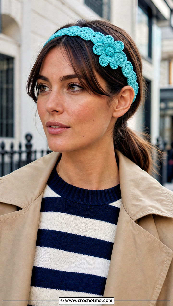 Scalloped Flower Crochet Headband Set With Trench Coat - 15 crochet flower and headband set outfit ideas