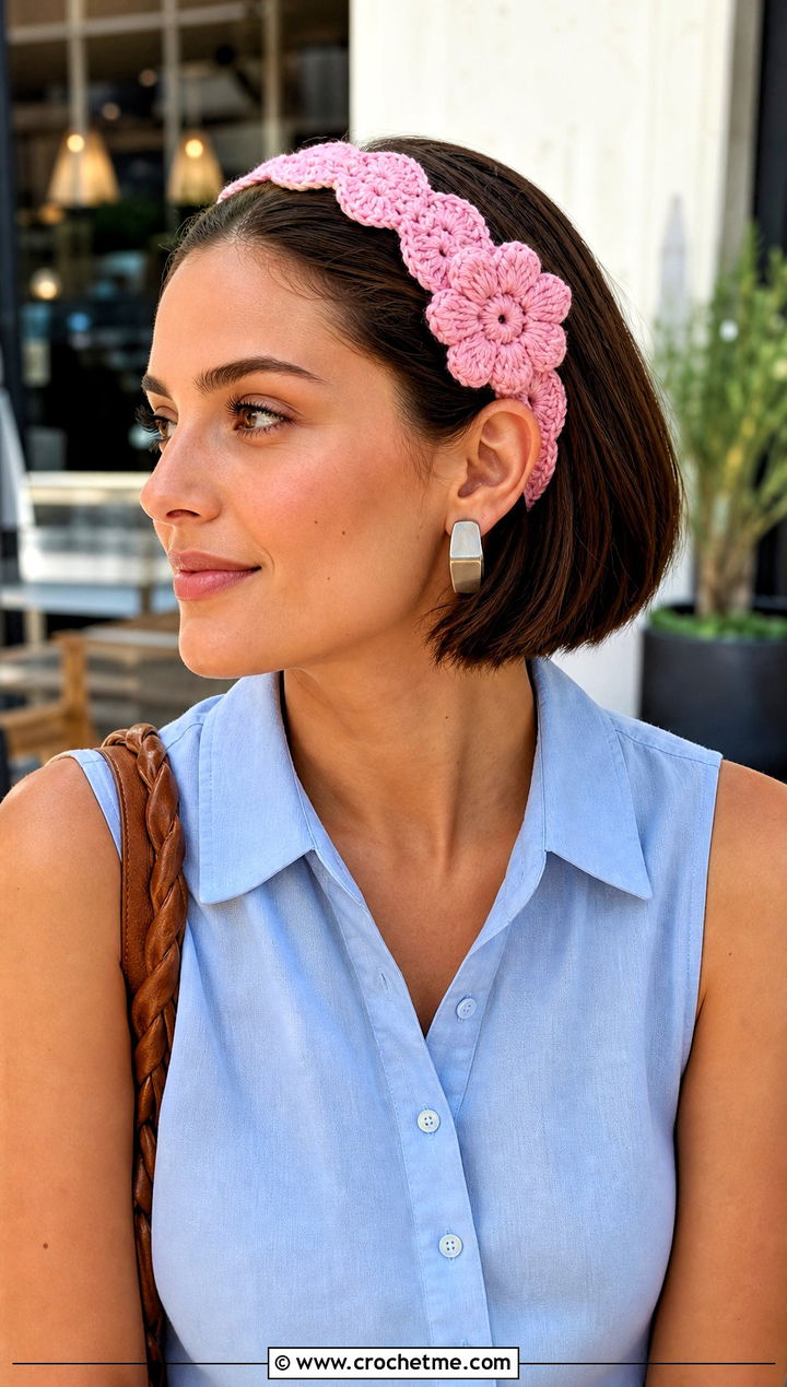 Scalloped Flower Crochet Headband With Tailored Shorts - 15 crochet headband with flower decoration outfit ideas