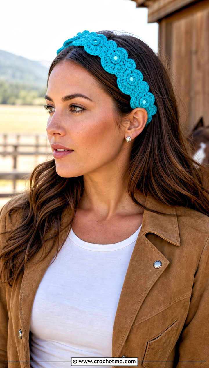 Scalloped Flower Crochet Headband With Western Outfit - 15 crochet headband with flower design outfit ideas