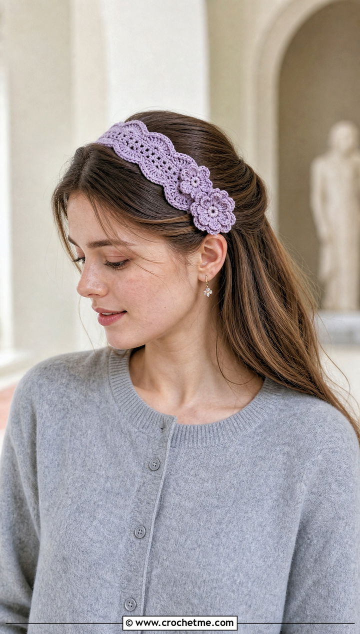 Scalloped Flower Headband With Cardigan And Pleated Skirt - 30 crochet headband with flower outfit ideas