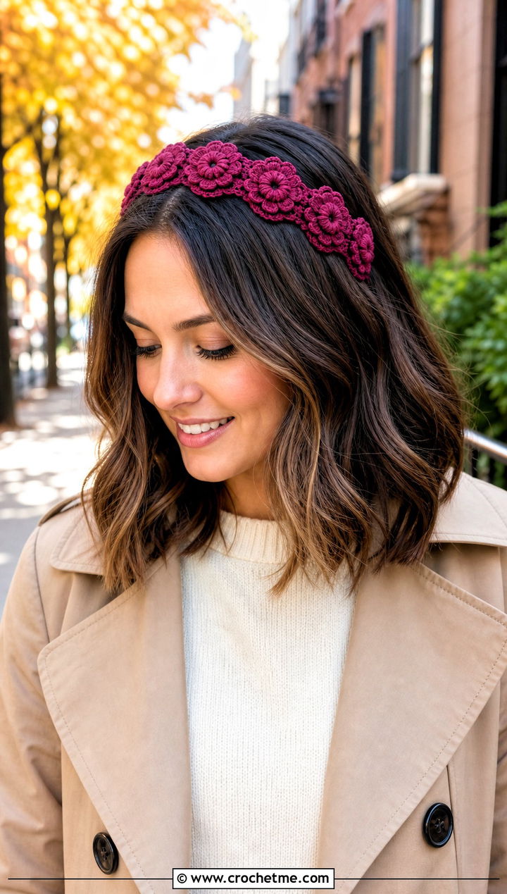 Scalloped Flower Headband With Sweater Outfit - 15 crochet lovely flower headband outfit ideas