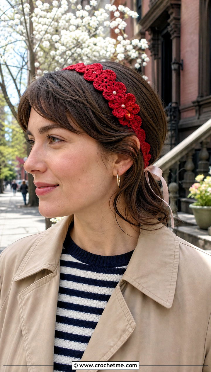 Scalloped Flower Ribbon Crochet Headband With Trench Coat - 15 crochet headband with flower and ribbon outfit ideas
