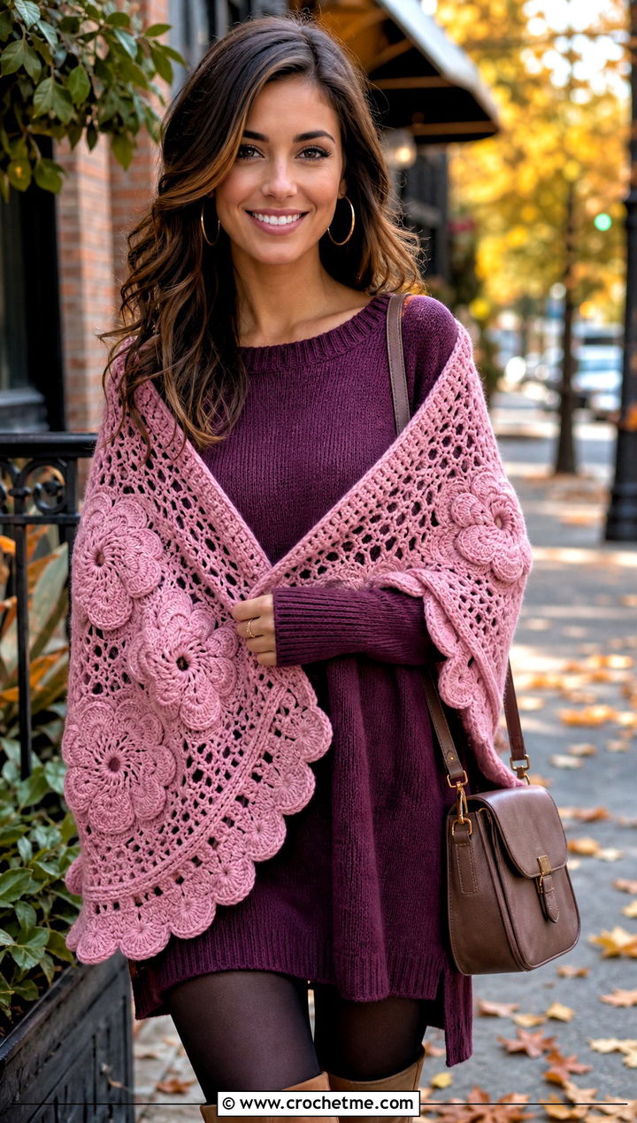 Scalloped Flower Shawl With Sweater Dress And Boots - 15 Crochet Floral Shawl outfit ideas