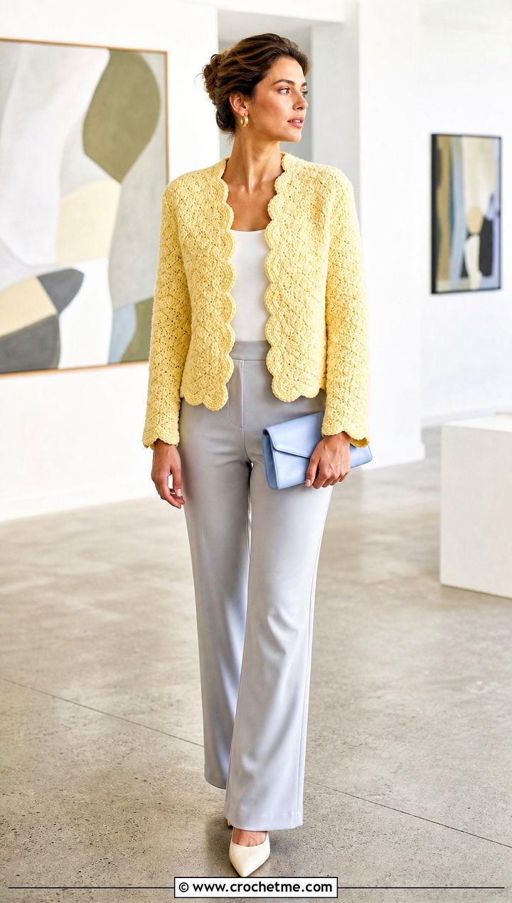 Scalloped Fluff Crochet Jacket With Satin Trousers - 30 crochet fur jacket outfit ideas