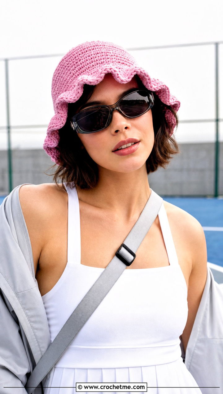 Scalloped Frilly Crochet Bucket Hat With Tennis Dress - 25 Frilly Crochet Bucket Hat outfit ideas