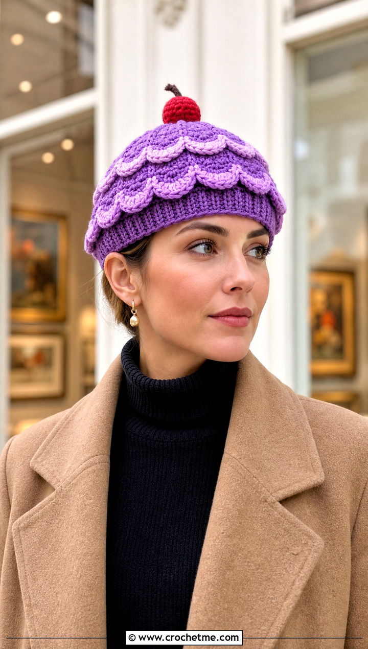 Scalloped Frosting Crochet Cupcake Beanie With Wool Coat - 15 Crochet Cupcake Beanie outfit ideas