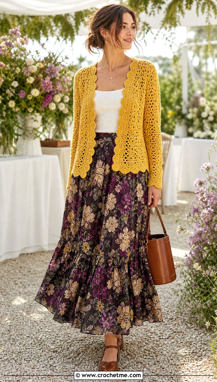 Scalloped Gold Crochet Cardigan With Floral Maxi Skirt - 15 gold crochet cardigan outfit ideas