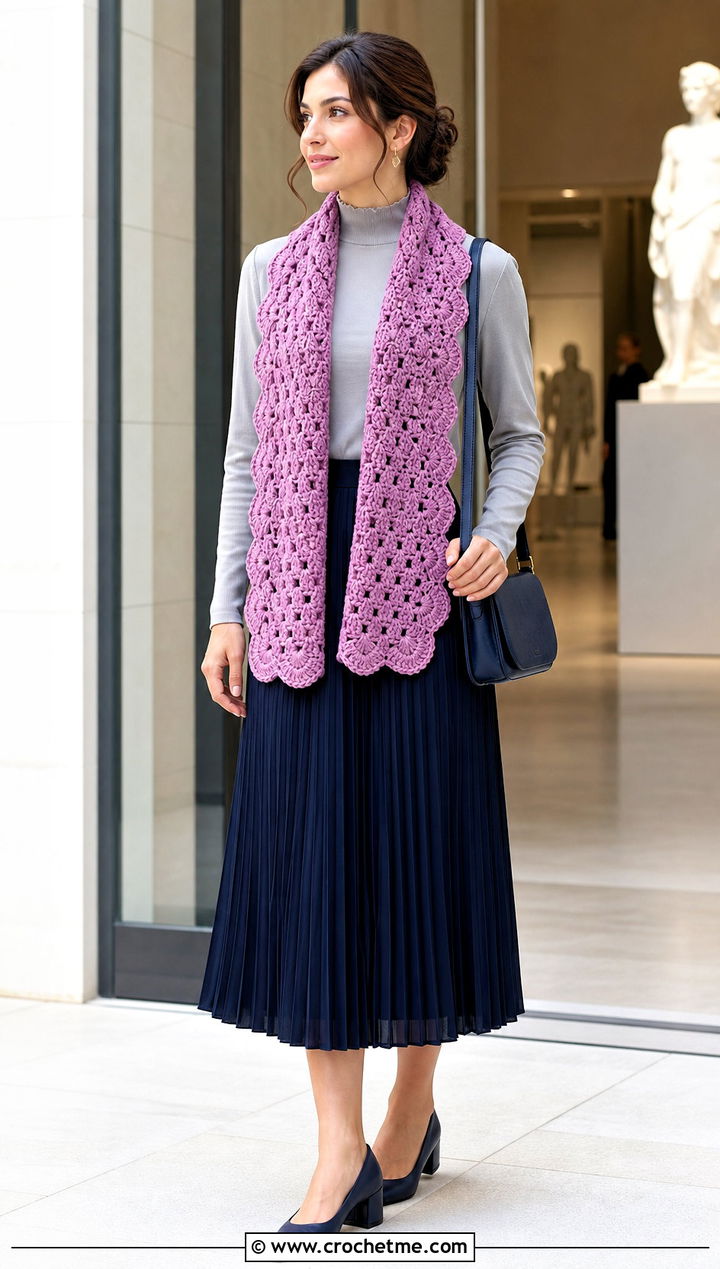 Scalloped Granny Scarf With Pleated Skirt - 35 granny crochet scarf outfit ideas