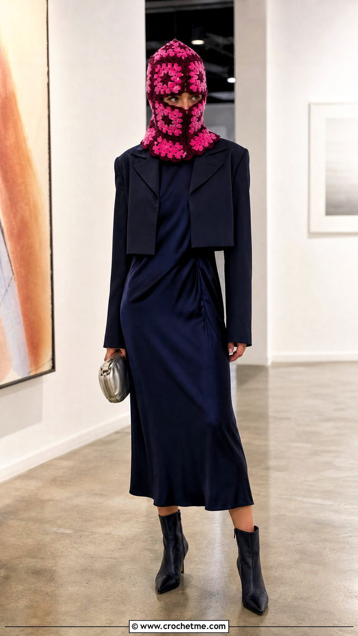 Scalloped Granny Square Balaclava With Satin Dress - 35 granny square balaclava outfit ideas
