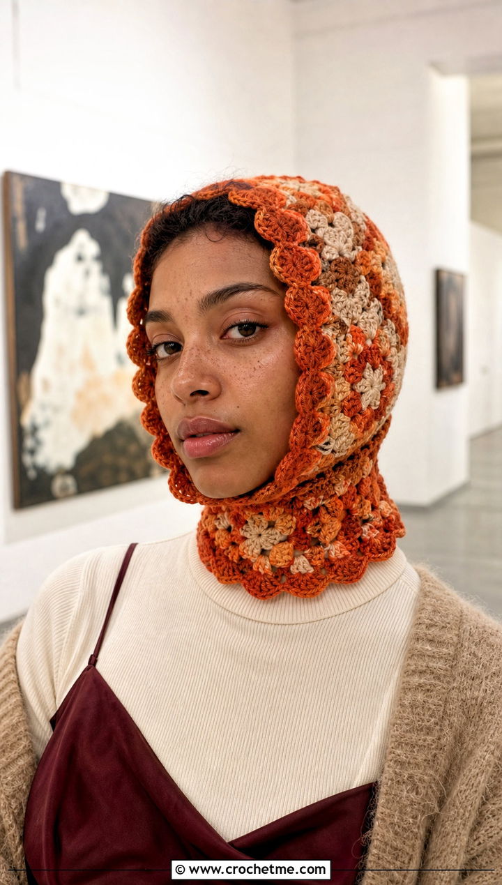 Scalloped Granny Square Balaclava With Slip Dress - 30 crochet granny square balaclava outfit ideas