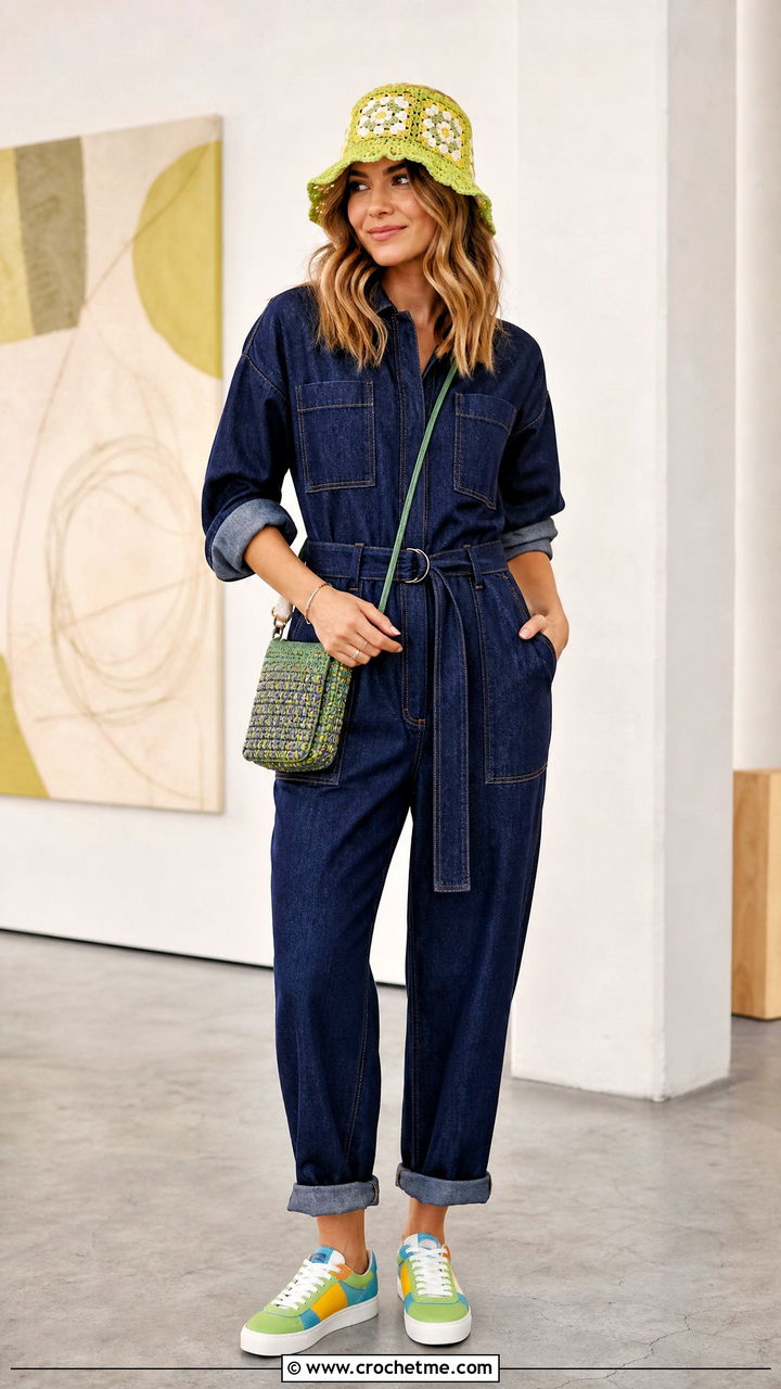 Scalloped Granny Square Bucket Hat With Denim Jumpsuit - 35 granny square hat outfit ideas