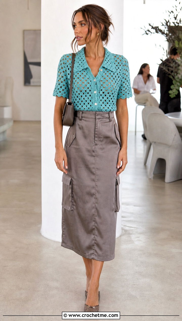 Scalloped Granny Square Button Up Shirt With Satin Cargo Skirt - 25 Granny Square Button Up Shirt outfit ideas