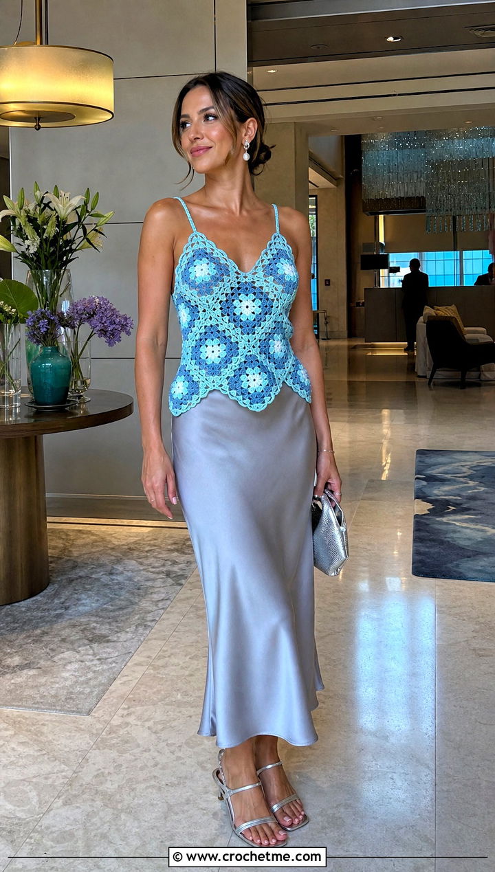 Scalloped Granny Square Cami With Satin Midi Skirt - 30 crochet summer tops granny squares outfit ideas