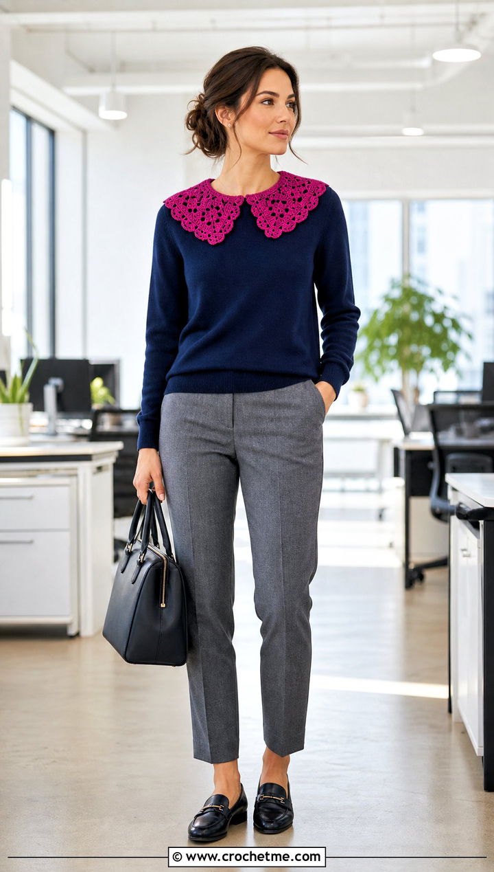 Scalloped Granny Square Collar With Crewneck Sweater And Trousers - 35 Granny Square Outfit ideas
