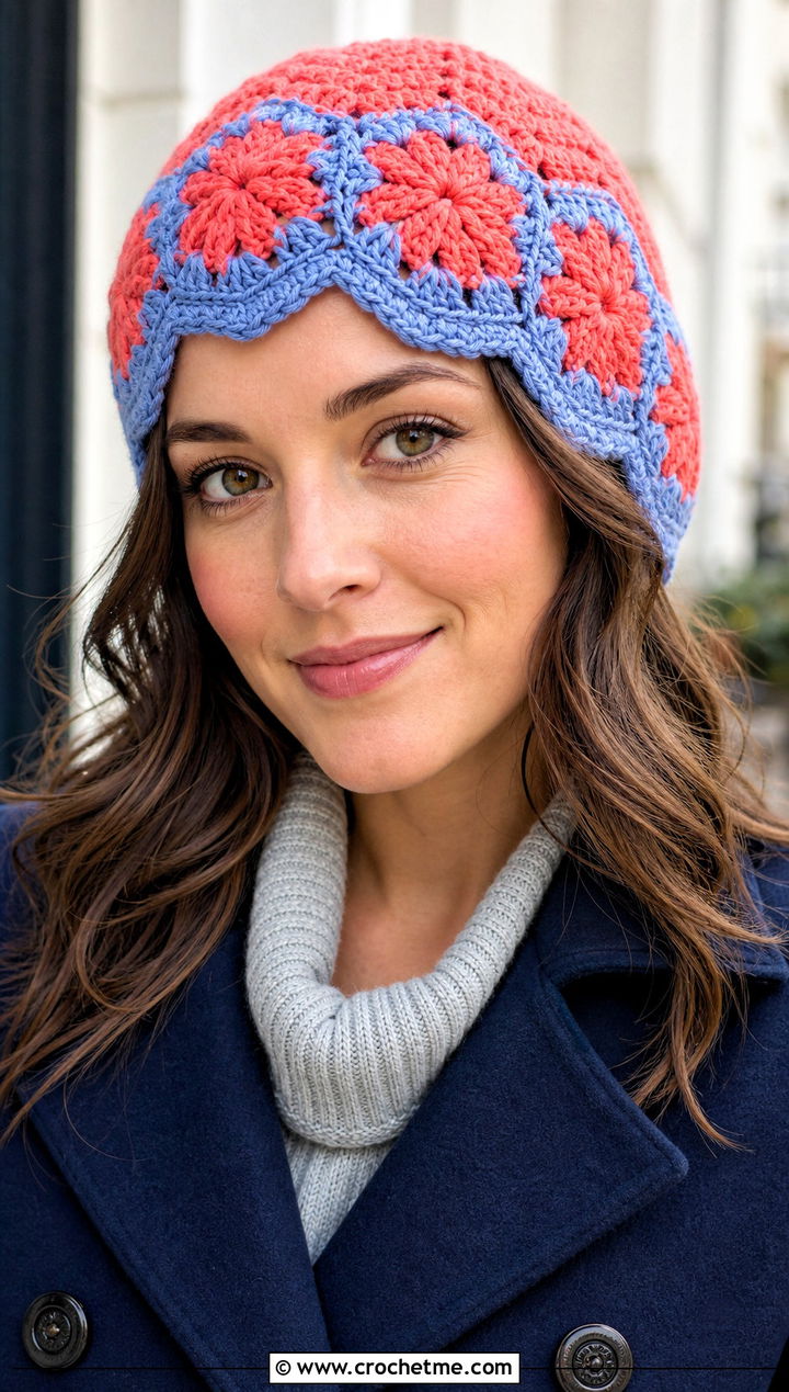 Scalloped Granny Square Crochet Beanie With Peacoat And Sweater Dress - 30 granny square crochet beanie outfit ideas