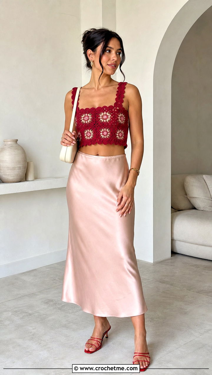 Scalloped Granny Square Crop Top With Slip Skirt - 30 granny square crop top outfit ideas