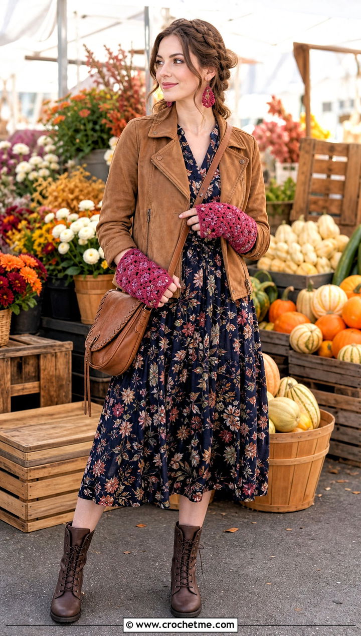 Scalloped Granny Square Fingerless Gloves With Tea Dress And Boots - 35 granny square fingerless gloves outfit ideas