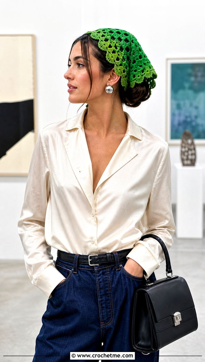 Scalloped Granny Square Hair Scarf With Satin Blouse And Wide Leg Jeans - 25 granny square hair scarf outfit ideas
