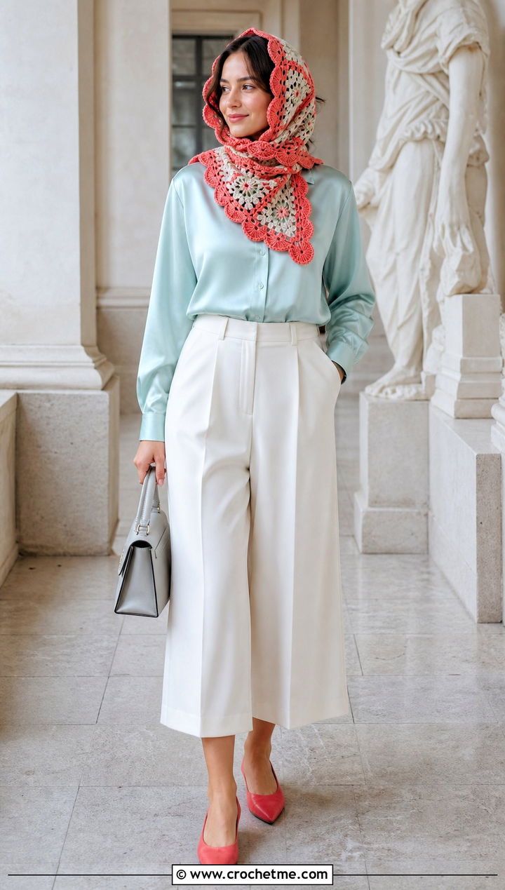 Scalloped Granny Square Head Scarf With Blouse And Culottes - 35 granny square head scarf outfit ideas