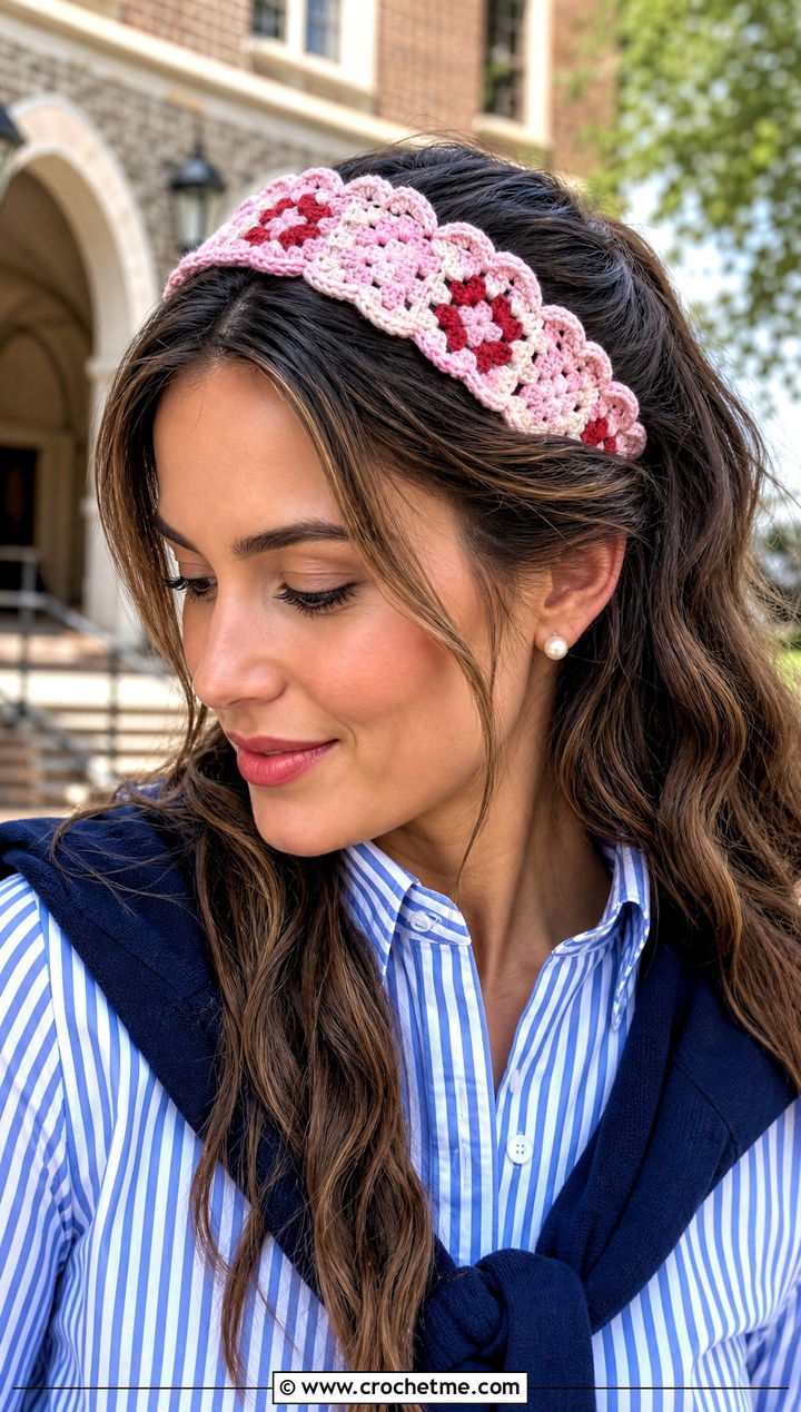 Scalloped Granny Square Headband With Preppy Outfit - 15 Crochet Granny Square Headband outfit ideas