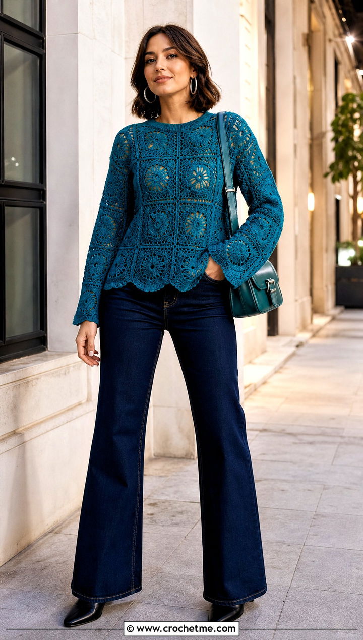 Scalloped Granny Square Jumper With Flared Jeans - 25 Crochet Granny Jumper outfit ideas