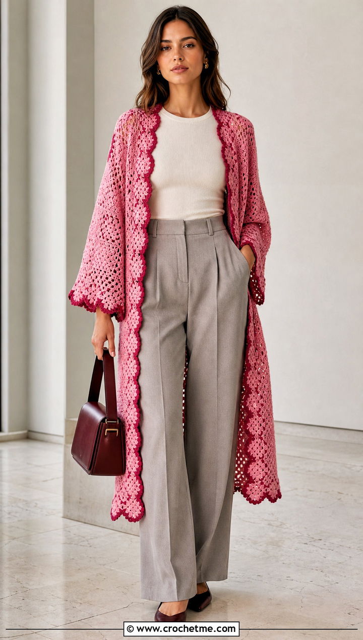 Scalloped Granny Square Kimono With Pleated Trousers - 30 granny square kimono outfit ideas