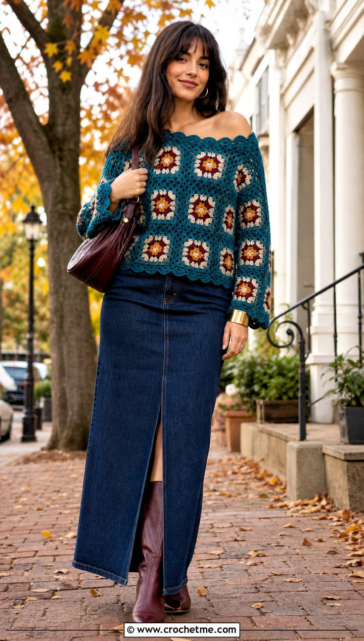 Scalloped Granny Square Off The Shoulder Sweater With Denim Maxi Skirt - 20 granny square off the shoulder sweater outfit ideas
