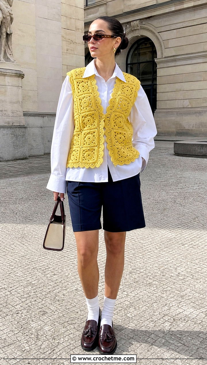 Scalloped Granny Square Open Vest With Poplin Shirt And Bermuda Shorts - 25 granny square open vest outfit ideas
