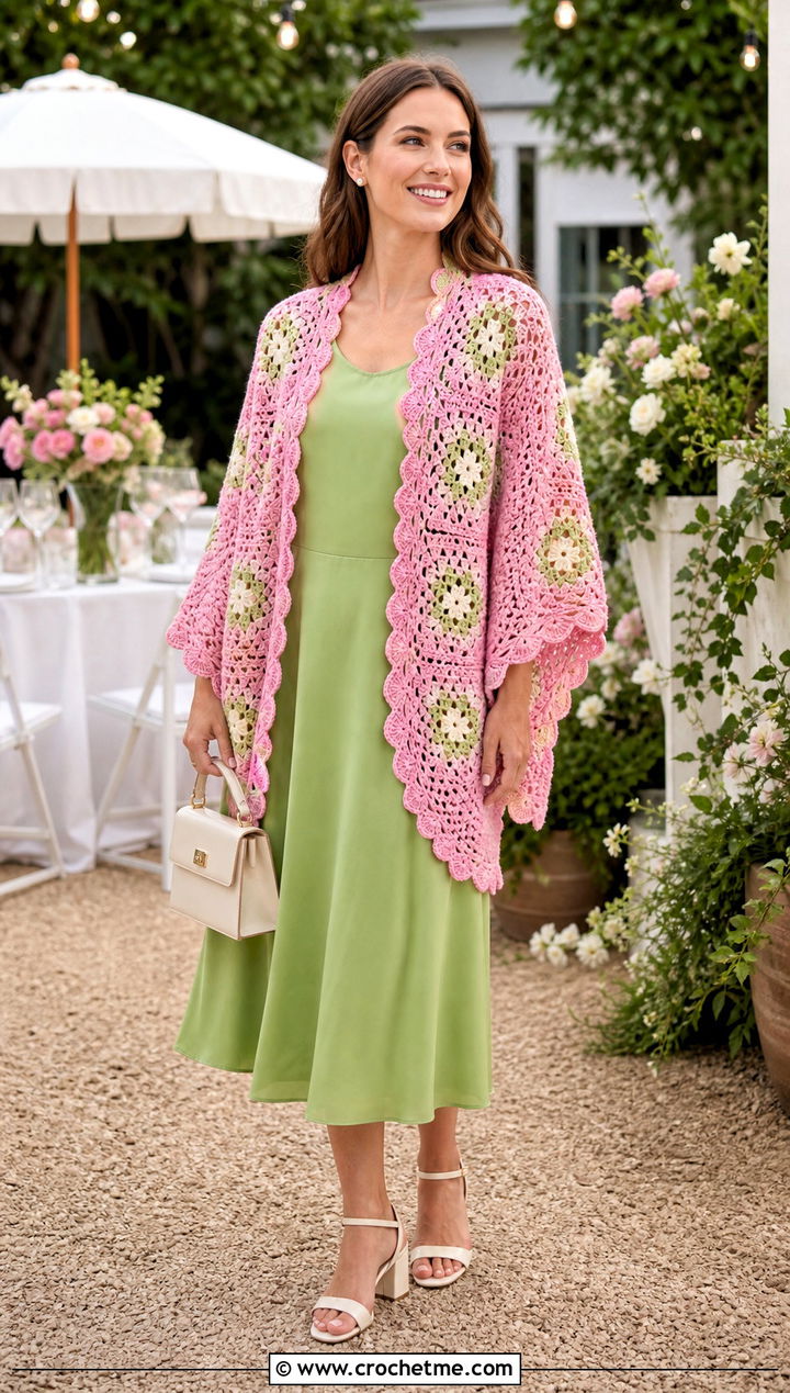 Scalloped Granny Square Ruana With Midi Dress - 25 Granny Square Ruana outfit ideas