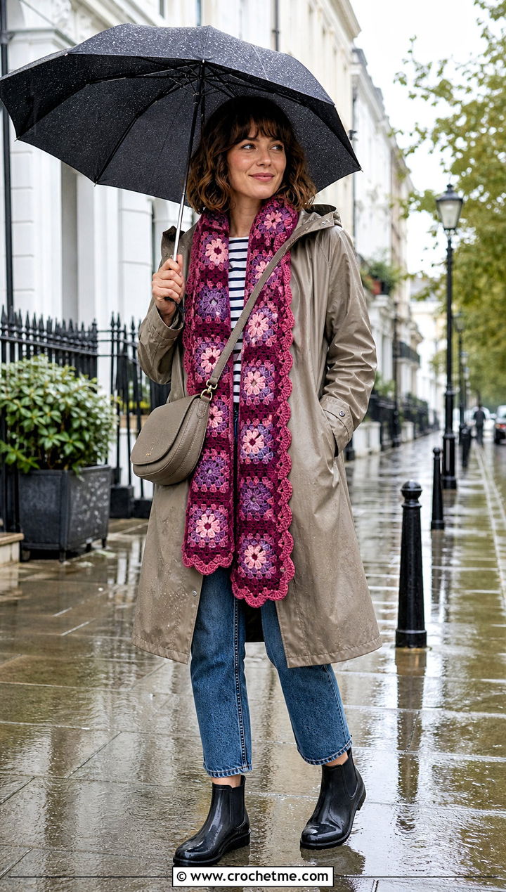 Scalloped Granny Square Scarf With Raincoat And Cropped Jeans - 35 granny square crochet scarf outfit ideas