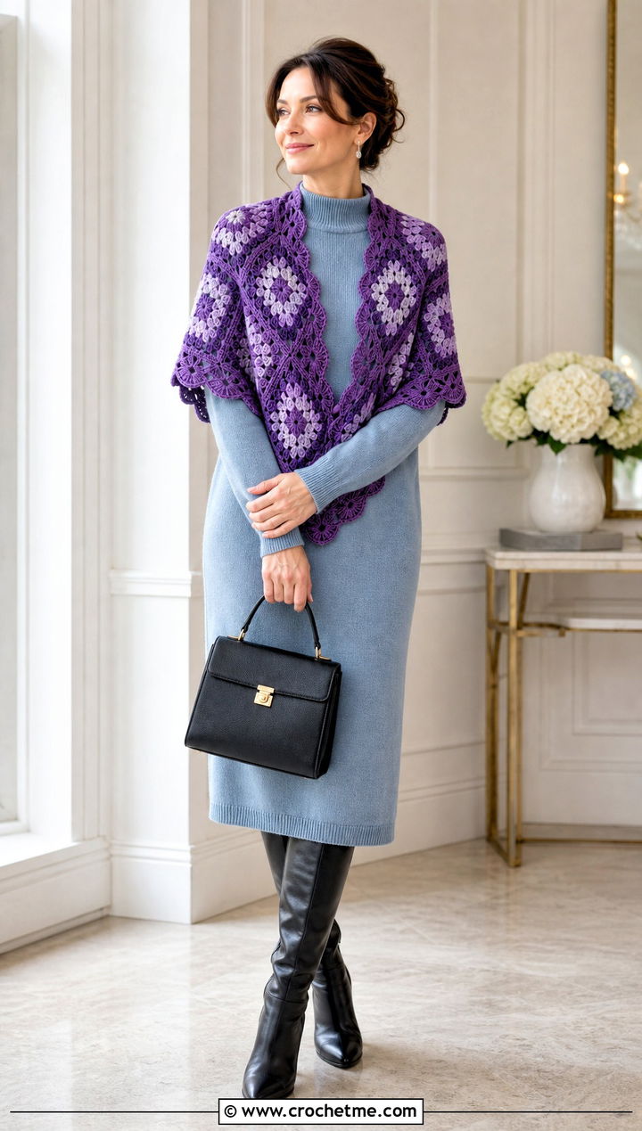 Scalloped Granny Square Shawl With Sweater Dress And Knee Boots - 35 granny square shawl outfit ideas