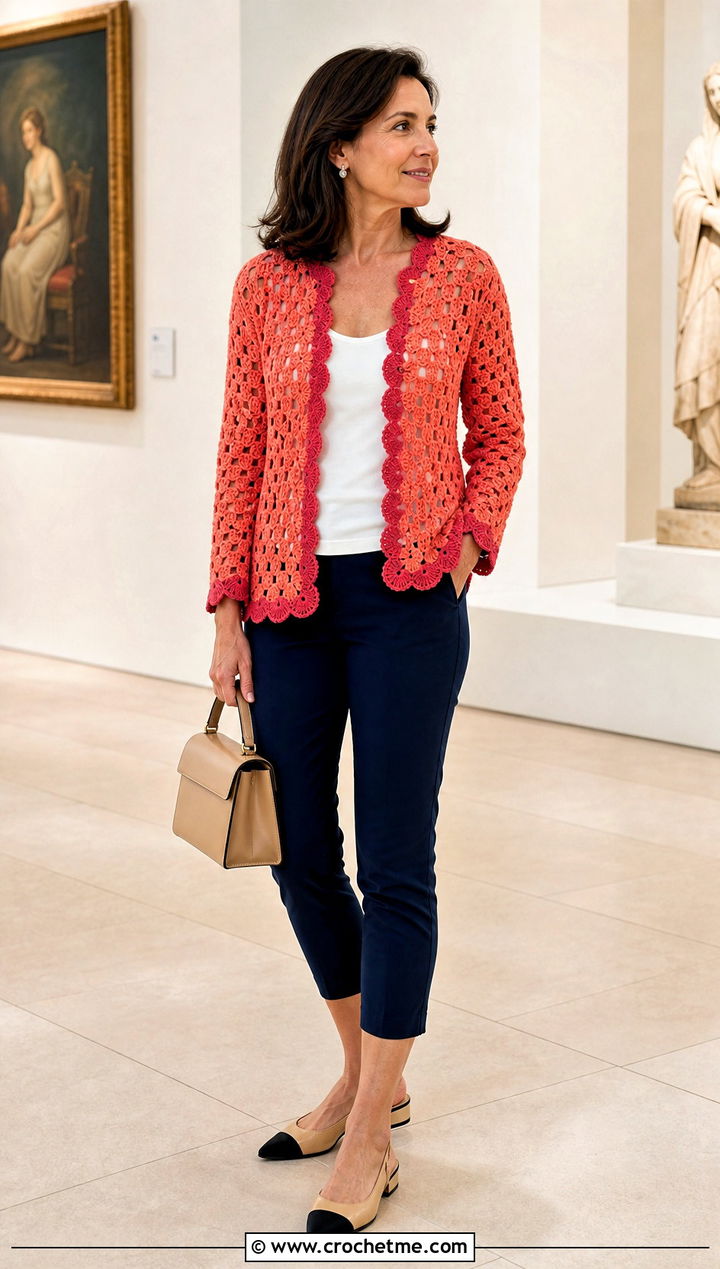Scalloped Granny Square Summer Cardigan With Capri Pants - 30 granny square summer cardigan outfit ideas