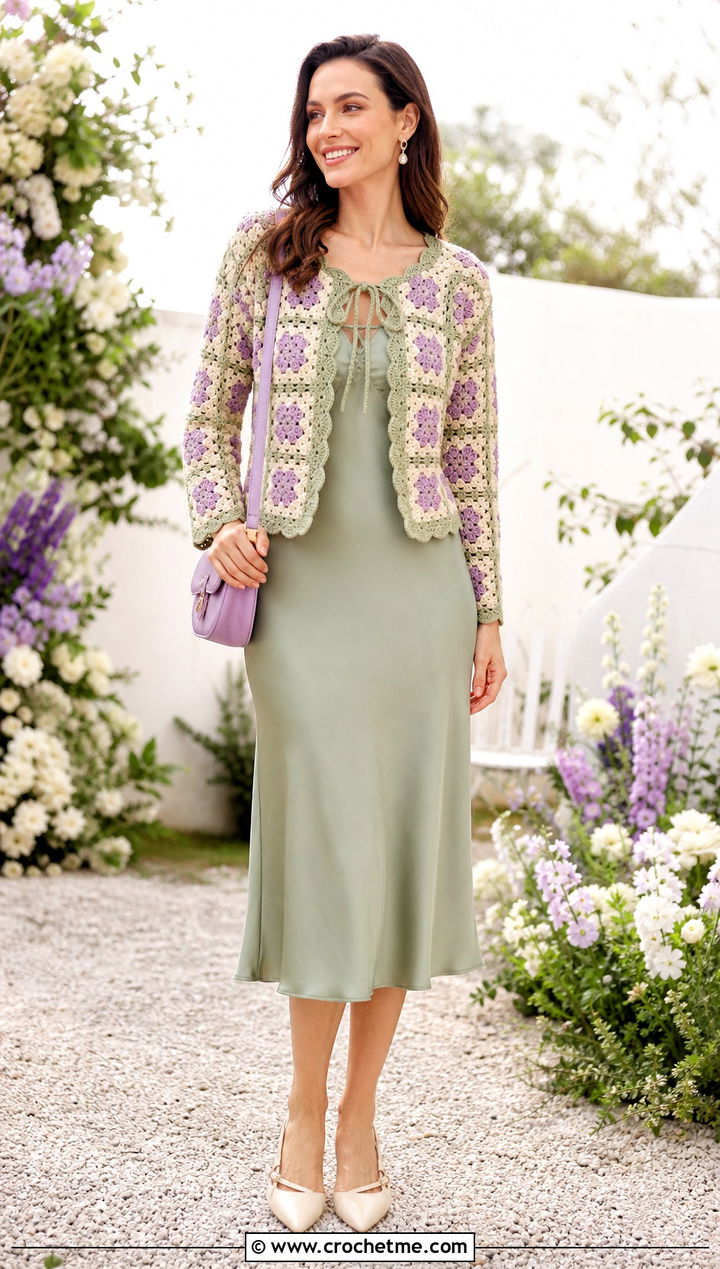 Scalloped Granny Square Tie Cardigan With Bias Cut Midi Dress - 25 Granny Square Tie Cardigan outfit ideas