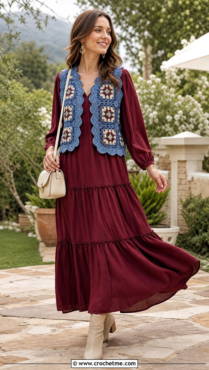 Scalloped Granny Square Waistcoat With Tiered Maxi Dress - 25 crochet granny square waistcoat outfit ideas