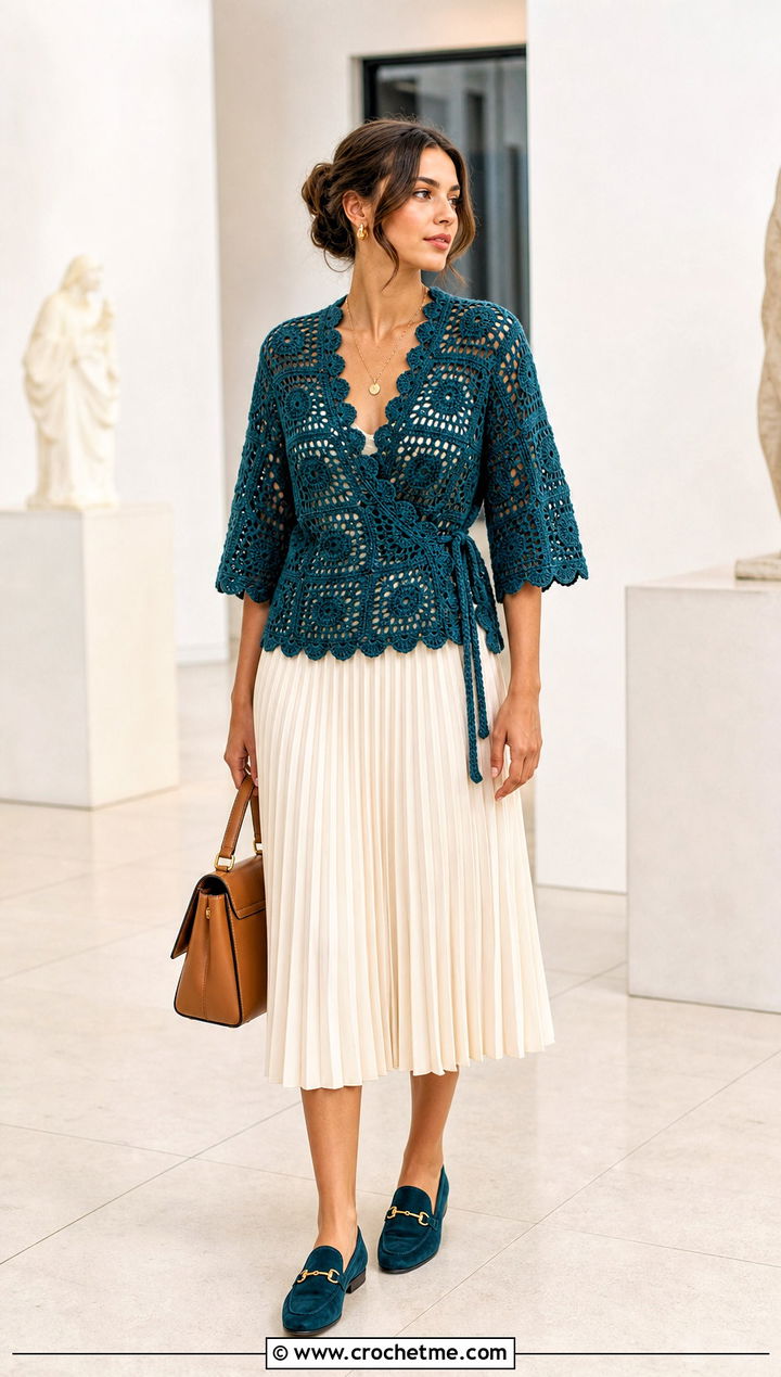 Scalloped Granny Square Wrap Top With Pleated Midi Skirt - 35 granny square wrap top outfit ideas