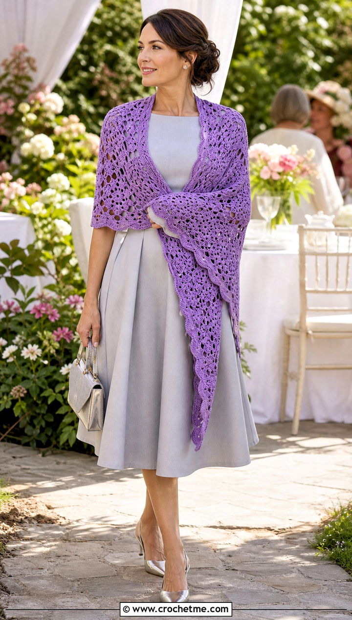 Scalloped Granny Square Wrap With Fit And Flare Dress - 30 granny square wrap outfit ideas