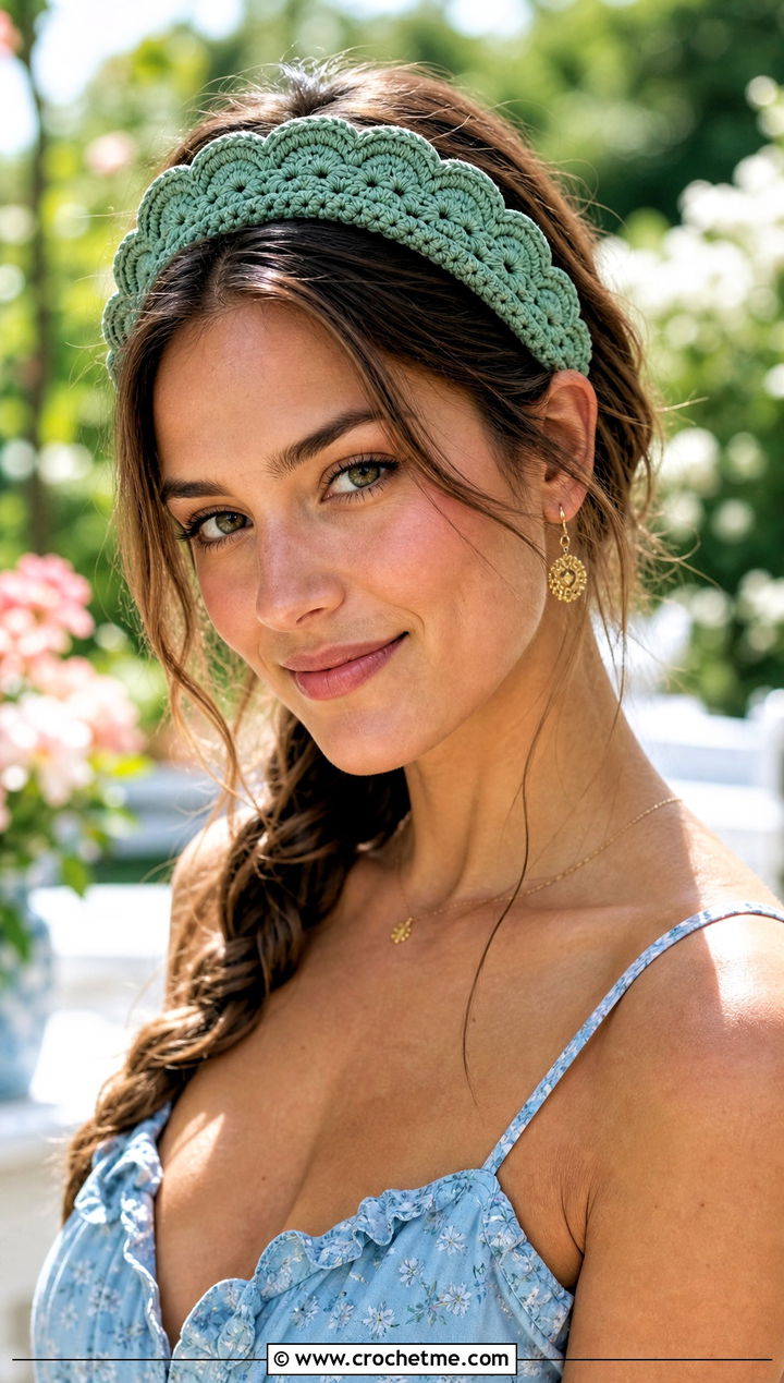 Scalloped Green Crochet Headband With Sundress And Sandals - 30 green crochet headband outfit ideas