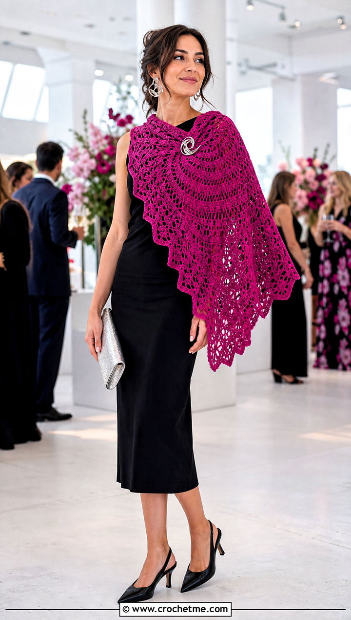 Scalloped Half Circle Crochet Shawl With Black Dress - 15 Half Circle Crochet Shawl outfit ideas