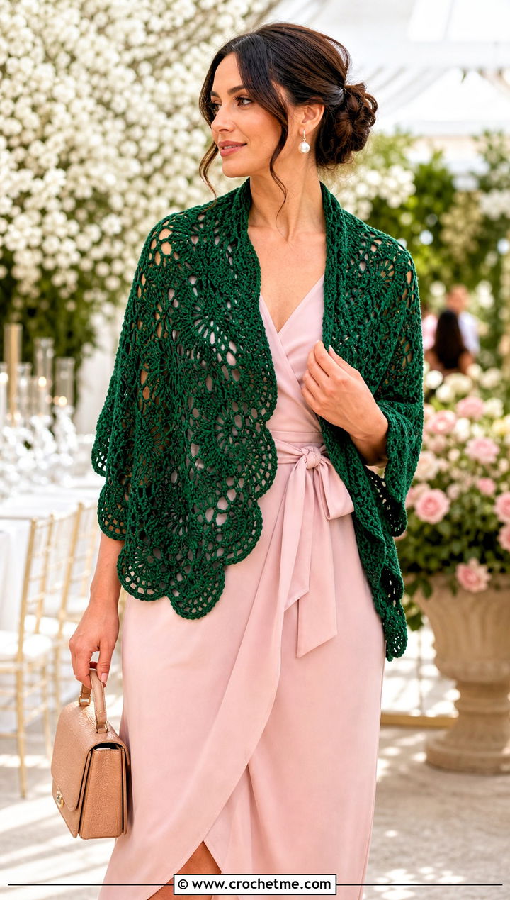 Scalloped Half Moon Crochet Shawl With Wedding Guest Dress - 25 Half Moon Crochet Shawl outfit ideas