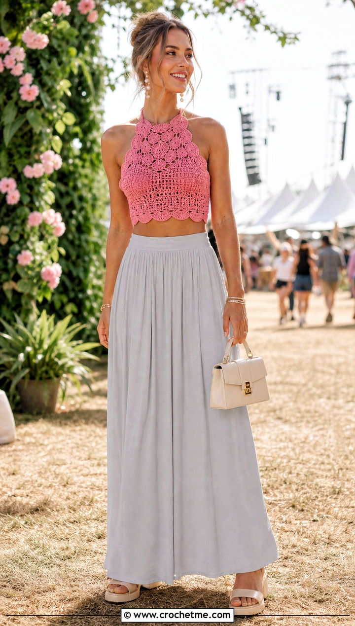 Scalloped Halter Crochet Top With Low Rise Maxi Skirt - 35 sabrina carpenter crochet top outfit ideas