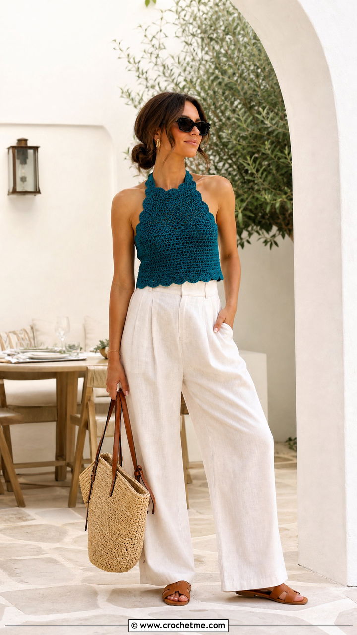 Scalloped Halter Neck Crochet Top With Linen Trousers - 35 halter neck crochet top outfit ideas