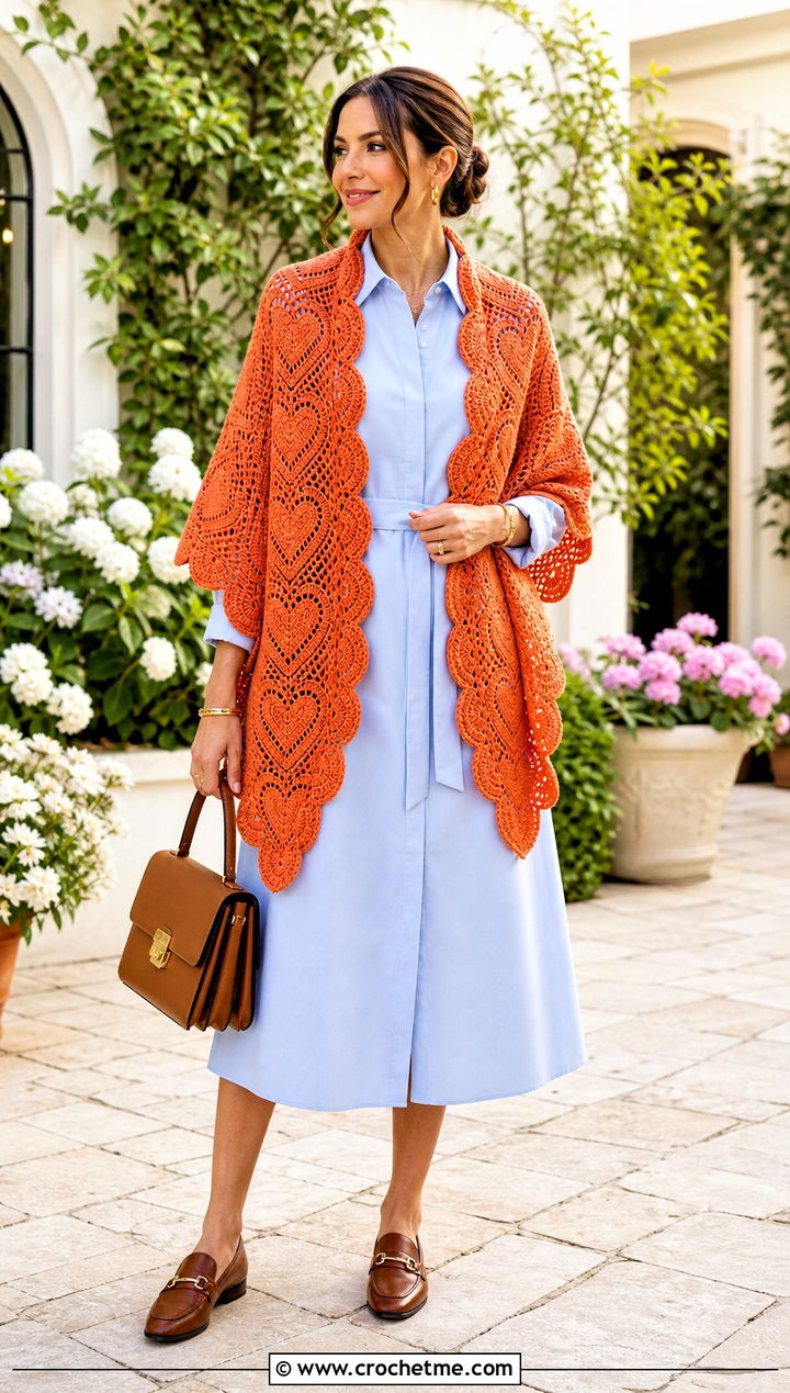 Scalloped Heart Crochet Shawl With Shirt Dress - 25 Heart Crochet Shawl outfit ideas