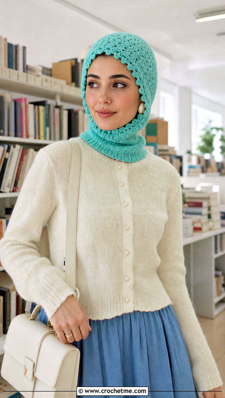 Scalloped Helmet Balaclava With Cardigan And Midi Skirt - 25 crochet helmet balaclava outfit ideas